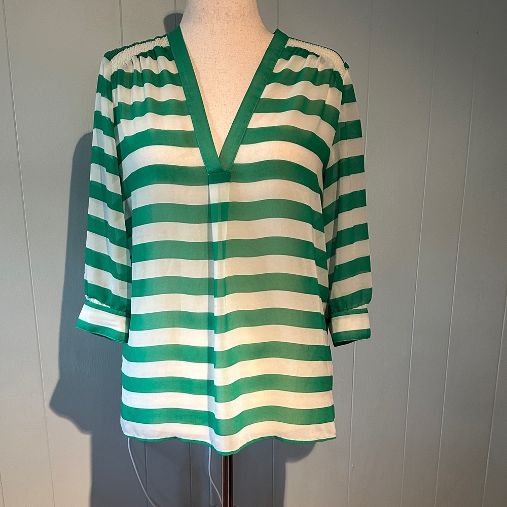 Ann Taylor Green and White Striped V-Neck Blouse